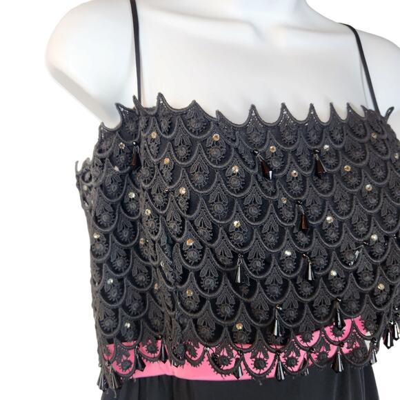 JR Theme Vintage Evening Dress Sz Small Beaded Bodice Black Pink Union Made - Picture 4 of 8